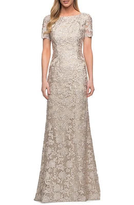 La Femme Lace Short Sleeve Sheath Gown Champagne at Nordstrom,