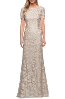 La Femme Lace Short Sleeve Sheath Gown Champagne at Nordstrom,