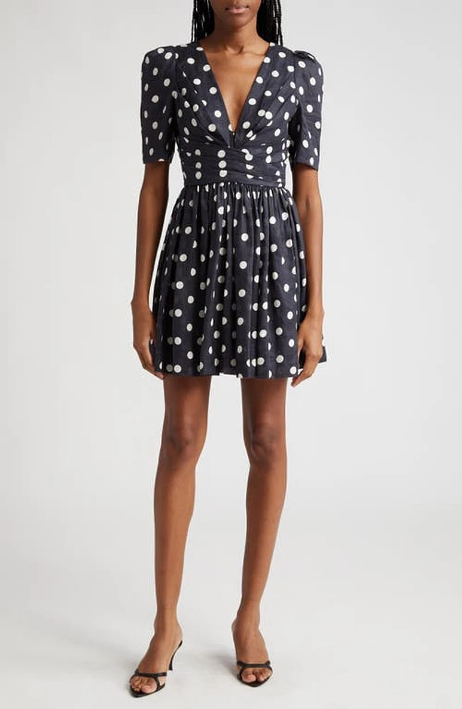 Zimmermann Polka Dot Pleated Linen Minidress Black/Cream at Nordstrom,