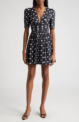 Zimmermann Polka Dot Pleated Linen Minidress Black/Cream at Nordstrom,