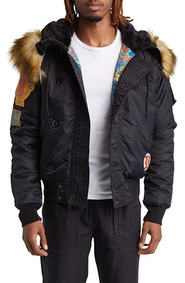 Billionaire Boys Club Eucalyptus Faux Fur Trim Graphic Hooded Bomber Jacket Black at Nordstrom,