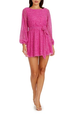 Dress the Population Kirsi Beaded Long Sleeve Minidress Bright Fuchsia Multi at Nordstrom,