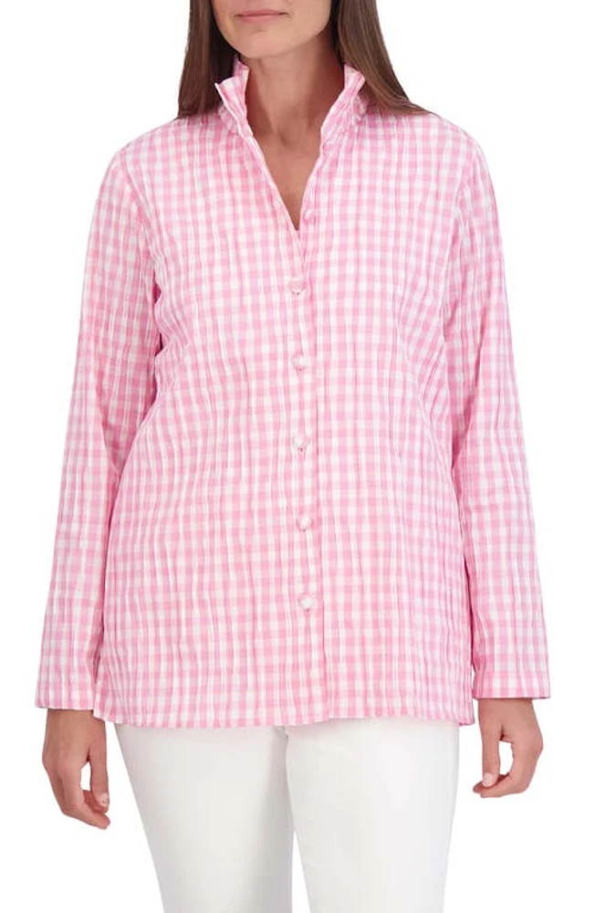 Foxcroft Carolina Crinkled Gingham Cotton Blend Button-Up Shirt Softshell Pink at Nordstrom,