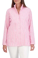 Foxcroft Carolina Crinkled Gingham Cotton Blend Button-Up Shirt Softshell Pink at Nordstrom,