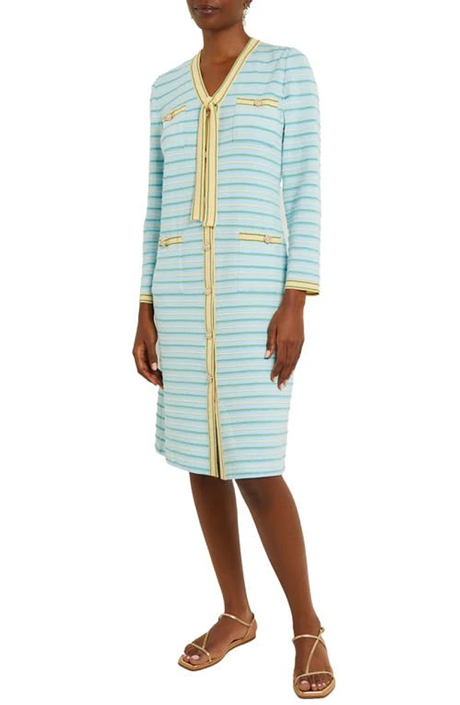 Misook Tie Neck Button-Up Sweater Dress Caribbean Mist/pale Gold at Nordstrom,