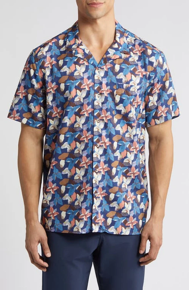 Johnston & Murphy Abstract Floral Cotton and Modal Camp Shirt Navy at Nordstrom, R