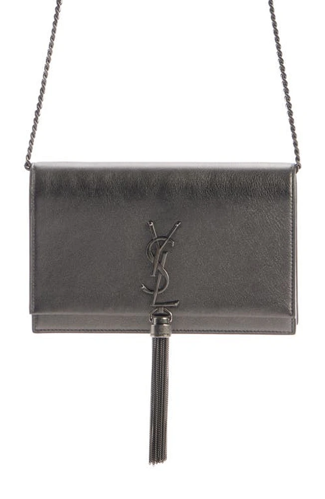 Saint Laurent Cassandre Kate Tassel Metallic Leather Wallet on a Chain in Silver Coal/Nero at Nordstrom