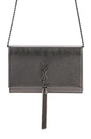 Saint Laurent Cassandre Kate Tassel Metallic Leather Wallet on a Chain in Silver Coal/Nero at Nordstrom