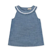 Hope & Henry Girls' Organic Sleeveless Ruffle Collar Chambray Button Back Top, Infant at Nordstrom,