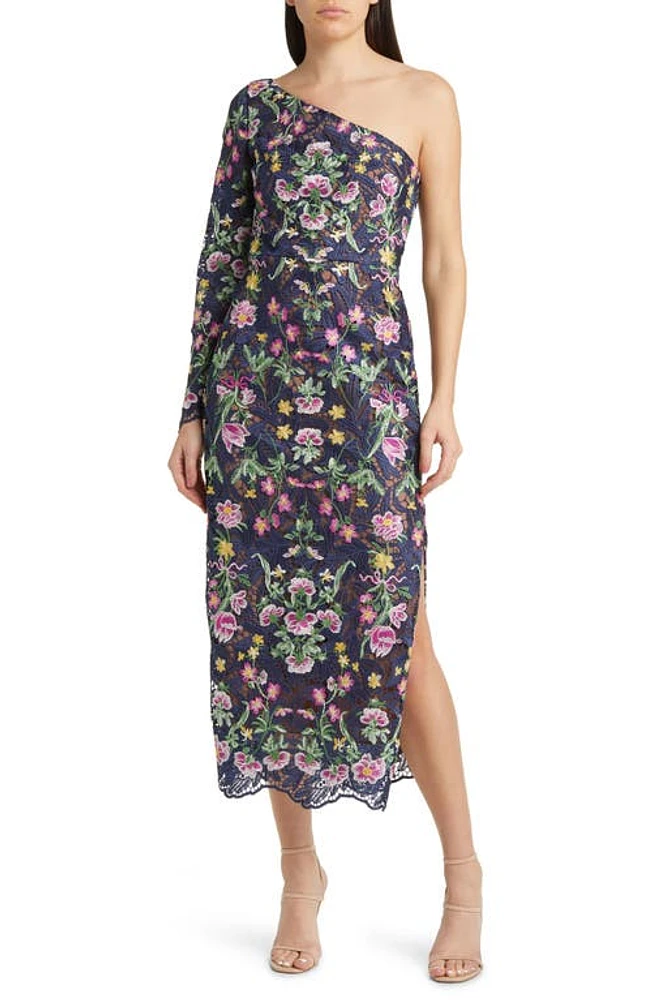 Marchesa Notte Floral Embroidered Long Sleeve One-Shoulder Dress Navy at Nordstrom,