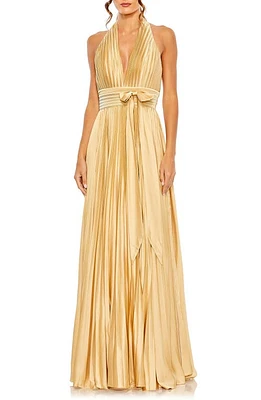 Mac Duggal Pleated Halter Neck Satin Gown Gold at Nordstrom,