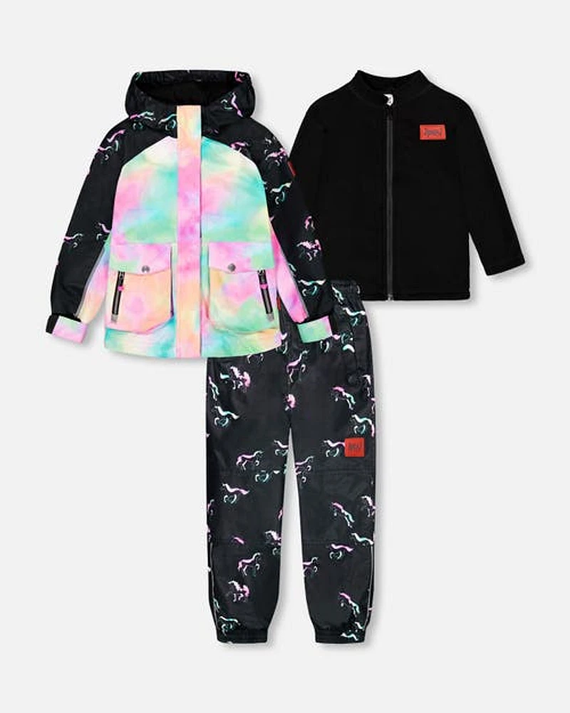 Deux Par Deux Little Girl's Printed 3 In 1 Mid-Season Set Black And Multicolor Unicorns in Black Printed Unicorns at Nordstrom