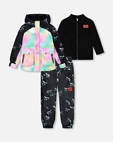 Deux Par Deux Little Girl's Printed 3 In 1 Mid-Season Set Black And Multicolor Unicorns in Black Printed Unicorns at Nordstrom