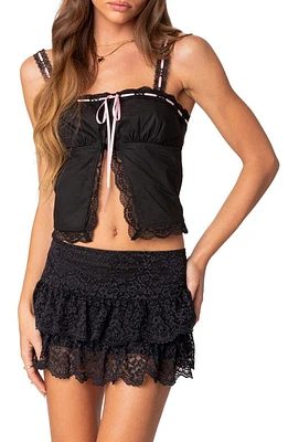 EDIKTED Peony Split Front Lace Trim Top Black at Nordstrom,