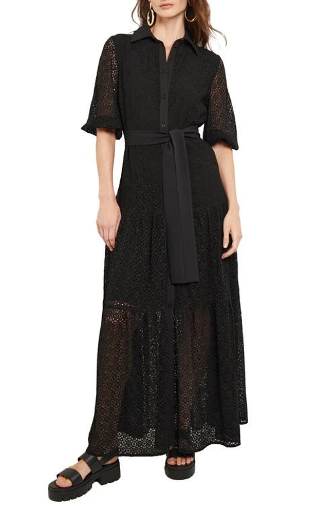 Misook Tie Waist Lace Maxi Dress in Black at Nordstrom, Size Large