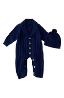 Ashmi & Co. Rio Knit Cotton Romper Pom Beanie Set Navy Blue at Nordstrom, M