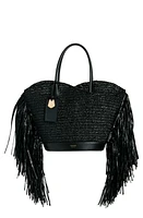 FERRAGAMO Fringe Raffia & Leather Tote in Nero at Nordstrom