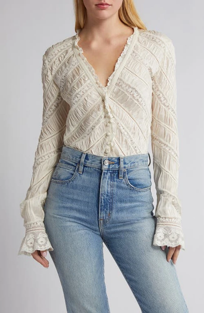 LoveShackFancy Tandra Lace & Eyelet Detail Long Sleeve Top Antique White at Nordstrom,