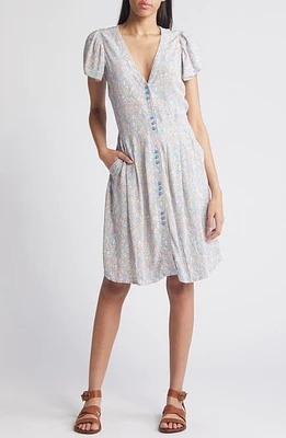 Treasure & Bond Floral Flutter Sleeve Button-Up Dress Blue- Coral Harlow Blooms at Nordstrom,