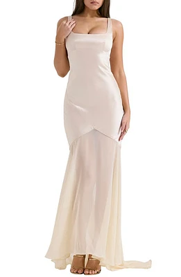 HOUSE OF CB Vittoria Paneled Satin & Chiffon Gown at Nordstrom,