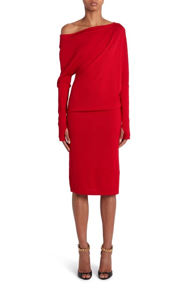 TOM FORD One-Shoulder Long Sleeve Cashmere & Silk Midi Sweater Dress in Red at Nordstrom, Size Large