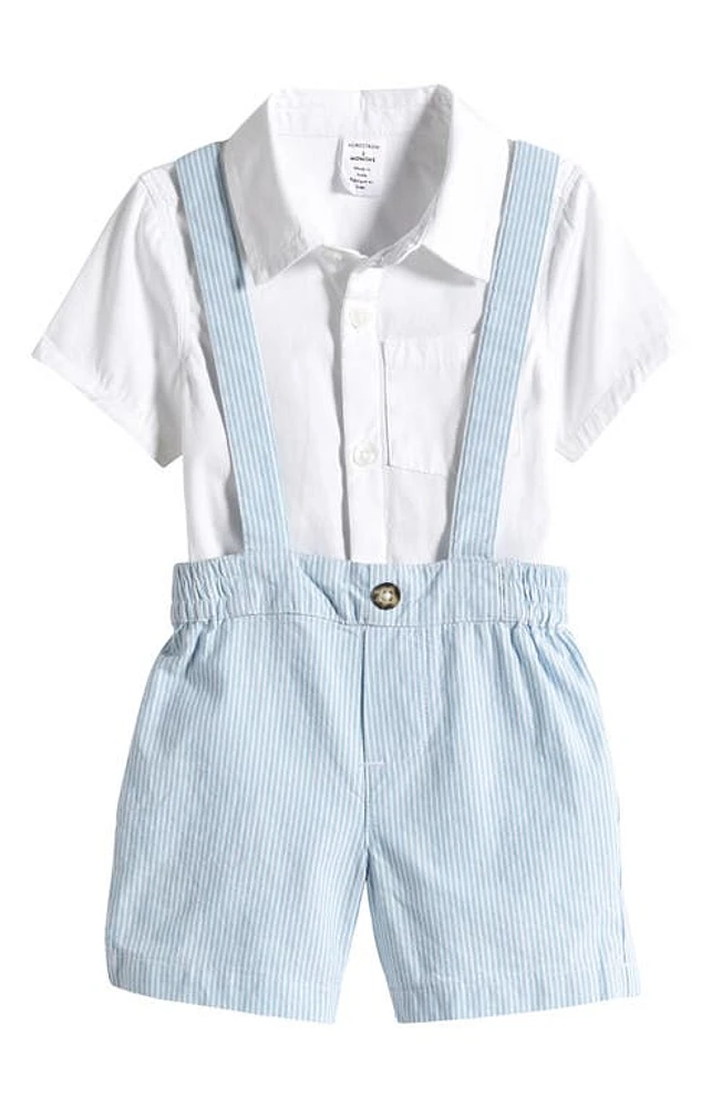 Nordstrom Short Sleeve Cotton Button-Up Bodysuit & Stripe Shortalls Set Blue Basalt Rupert at Nordstrom, M