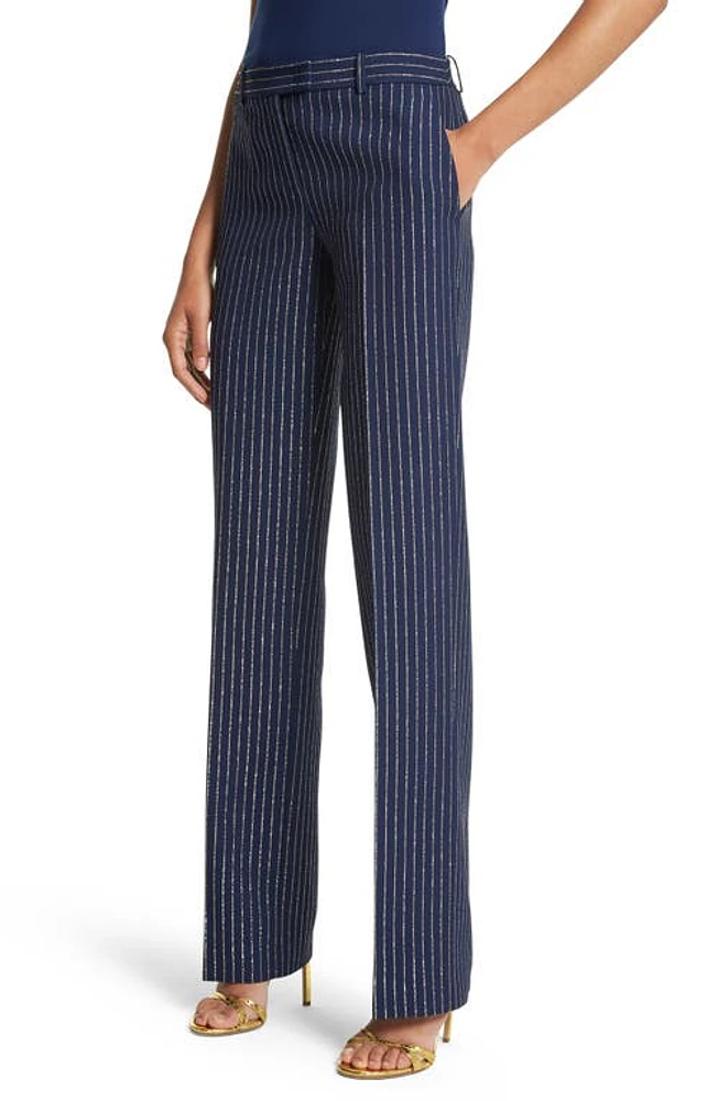 Michael Kors Collection Carolyn Metallic Pinstripe Straight Leg Pants in 447 Navy/gold Metallic at Nordstrom, Size 8