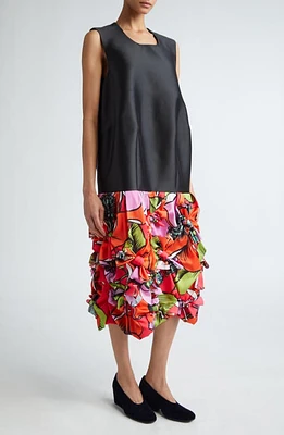 Comme des Garçons Floral Print & Bows Dropped Waist Satin Dress in Black /Multi at Nordstrom, Size Medium