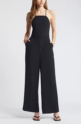 Open Edit Strap Detail Wide Leg Jumpsuit Black at Nordstrom,