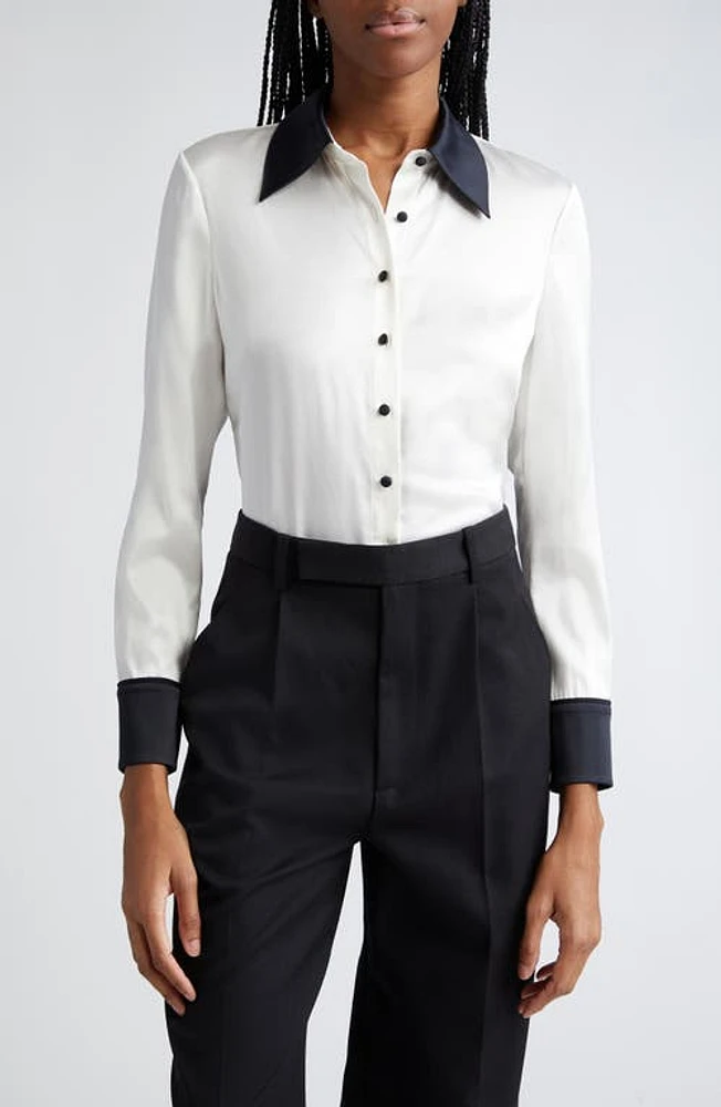 Alice + Olivia Willa Contrast Trim Stretch Silk Button-Up Shirt Off White/Black at Nordstrom,