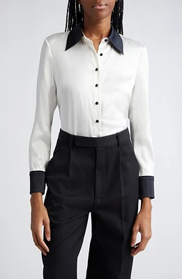 Alice + Olivia Willa Contrast Trim Stretch Silk Button-Up Shirt Off White/Black at Nordstrom,