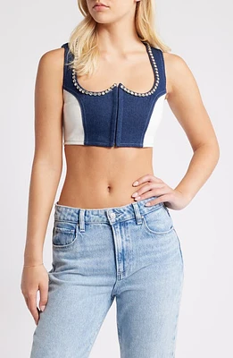 NASTY GAL Embellished Trim Colorblock Denim Crop Top Blue Multi at Nordstrom,