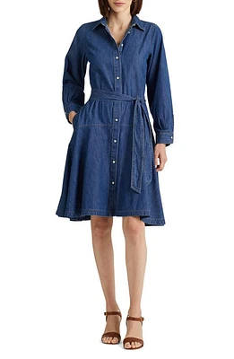 Lauren Ralph Zylpha Long Sleeve Tie Belt Denim Fit & Flare Dress Cannes Wash at Nordstrom,