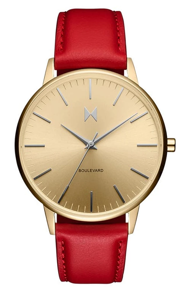 MVMT Boulevard Leather Strap Watch, 38mm in Gold at Nordstrom