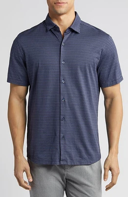 Robert Barakett Warman Stripe Short Sleeve Knit Button-Up Shirt Blue at Nordstrom,