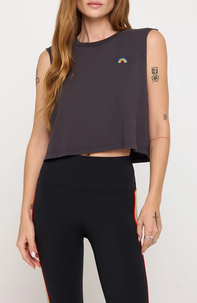 Spiritual Gangster Callie Rainbow Embroidered Cotton Crop Tank Top Vintage Black at Nordstrom,