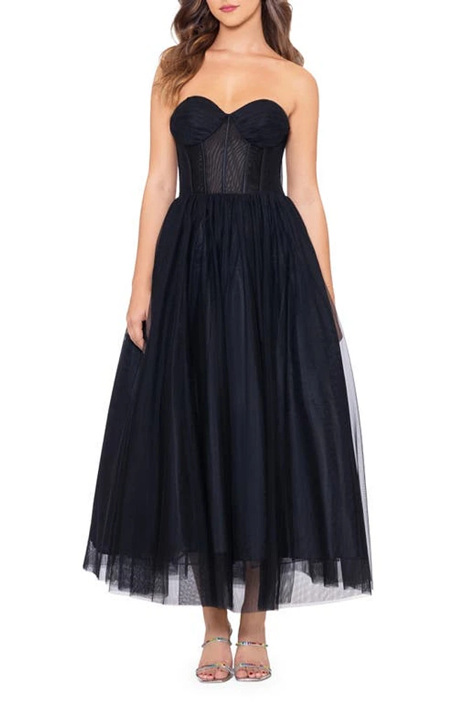 Betsy & Adam Bustier Bodice Mesh Gown Black at Nordstrom,