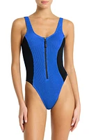 bond-eye Splice Mara Zip-Up One-Piece Swimsuit in Cobalt /Black at Nordstrom