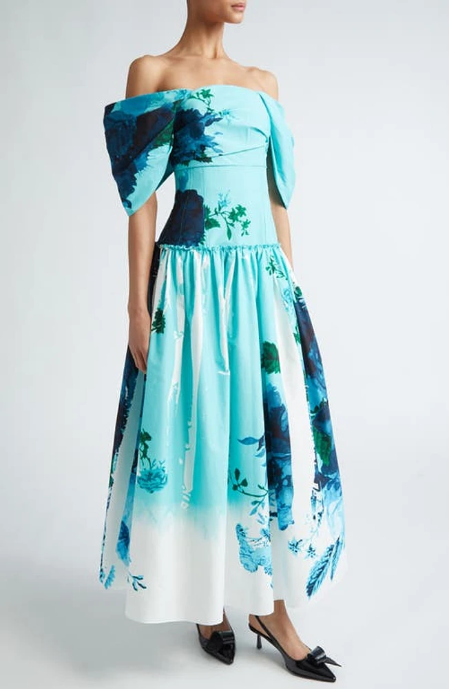 Erdem Floral Print Off the Shoulder Faille Cocktail Dress Kingfisher at Nordstrom, Us