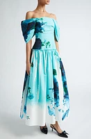 Erdem Floral Print Off the Shoulder Faille Cocktail Dress Kingfisher at Nordstrom, Us