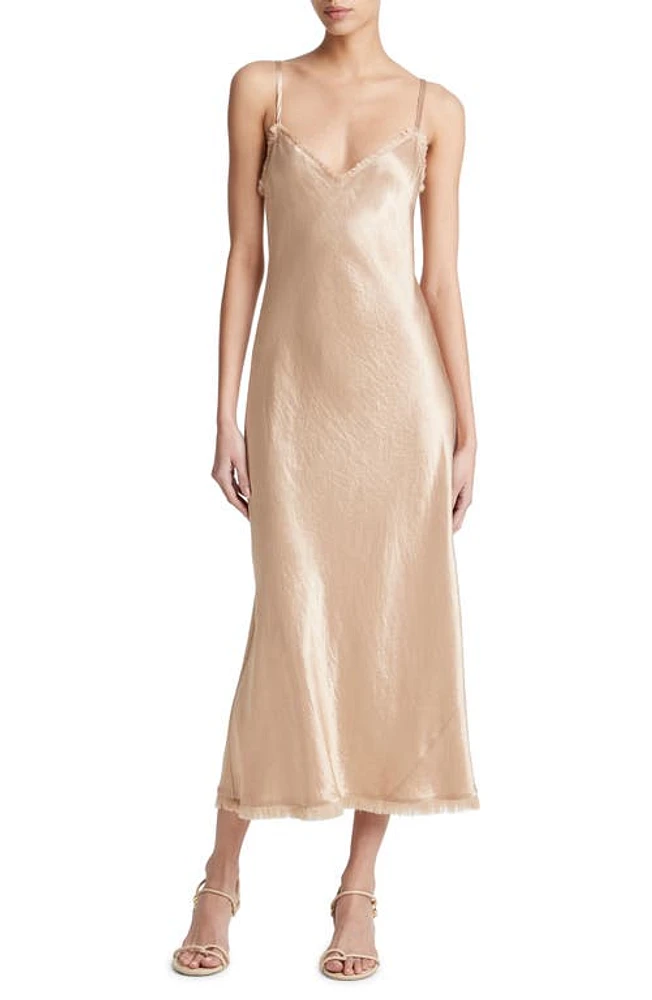 Vince Frayed Trim Satin Slipdress Pale Nut at Nordstrom,