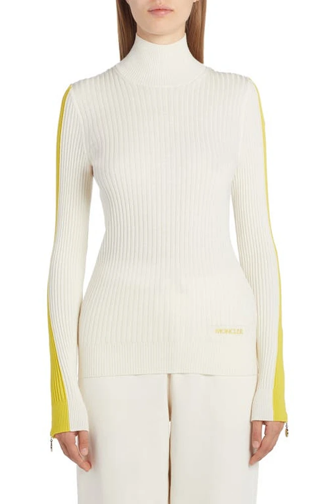 Moncler Stripe Sleeve Funnel Neck Rib Wool Sweater White/Yellow at Nordstrom,