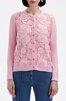 Oscar de la Renta Floral Guipure Lace Panel Silk Blend Cardigan Soft Pink at Nordstrom,