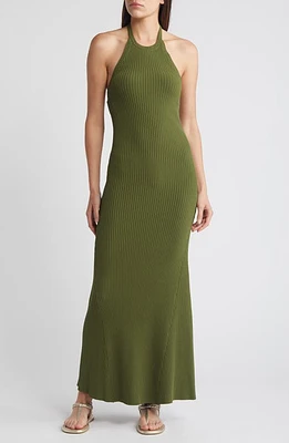 MOON RIVER Rib Halter Dress Olive at Nordstrom,