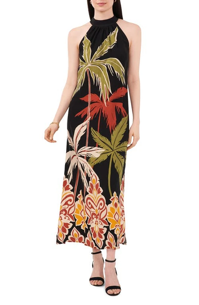 Vince Camuto Tropical Print Halter Dress Rich Black at Nordstrom,