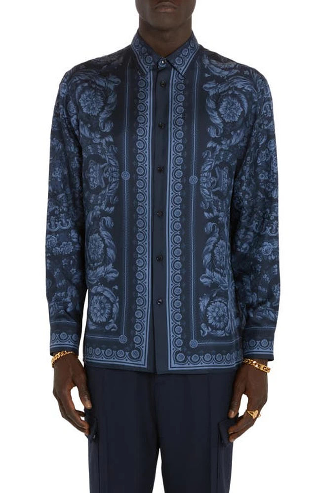 Versace Barocco Print Silk Button-Up Shirt Navy Blue at Nordstrom, Us