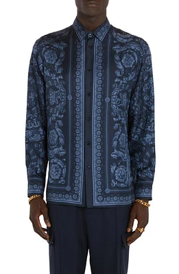 Versace Barocco Print Silk Button-Up Shirt Navy Blue at Nordstrom, Us