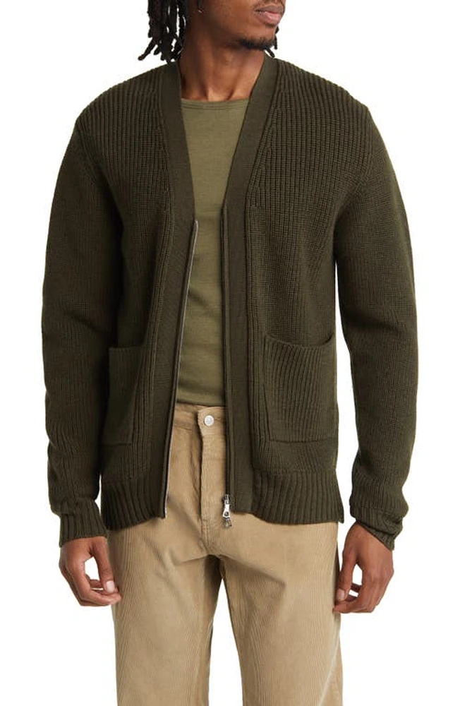 Officine Générale Merino Wool Zip Cardigan Olive at Nordstrom,