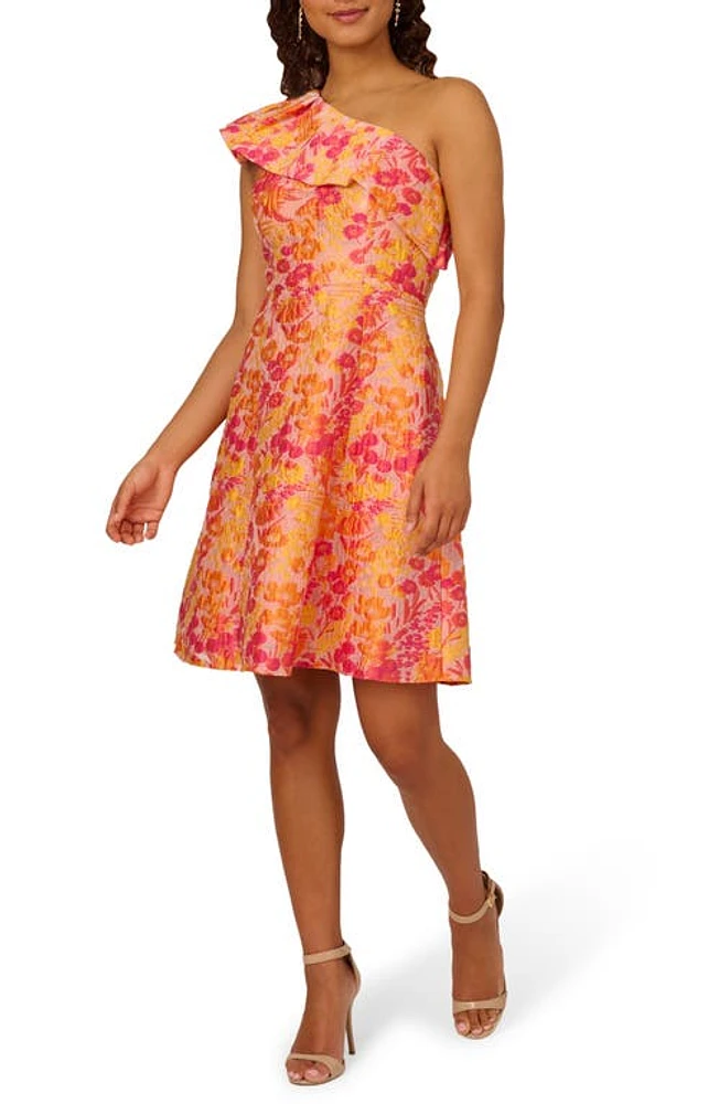 Adrianna Papell Floral Jacquard One-Shoulder Cocktail Dress Orange Multi at Nordstrom,