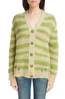 Acne Studios Koliva Distressed Stripe Cotton & Mohair Blend Cardigan Sage Green/Apple Green at Nordstrom,